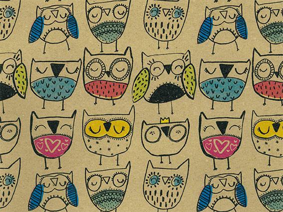 Happy Owl Multicolor - Inpakpapier - Vrolijk Uilen Dessin - Kraftpapier Rol - 30cm & 50cm x 100m - Afbeelding 2